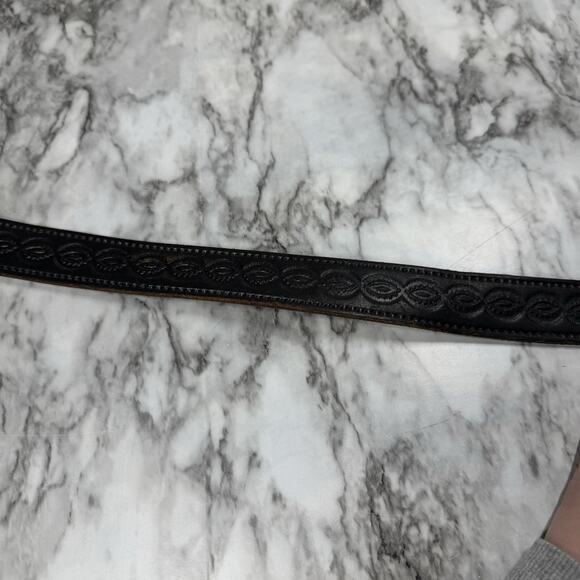Western Tooled Black Leather Belt Strap Mens Size 44 Embossed Snap On No Buckle - Picture 10 of 14